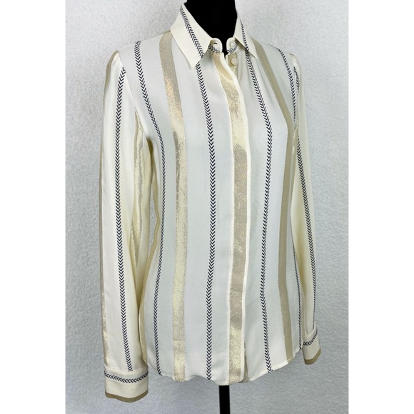 STELLA MCCARTNEY • Gold and Black Striped Silk Button-Down Shirt - Picture 2 of 16